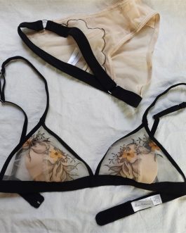 Embroidered mesh see-through no steel ring bra set