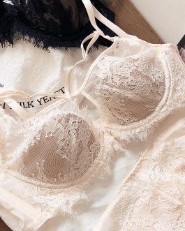 Eyelashes lace sexy cross straps bralette with briefs suit