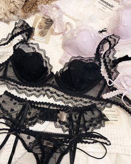 Lace embroidered three piece bra breifs set