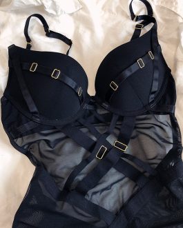 Sexy black gathered breasts bodysuit anti-sagging one-piece