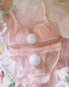 Underwear cute fur ball rabbit tail pink girl bra set