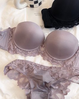 Basic Glossy Seamless Half Cup With Steel Ring Small Chest Gathering Bra Removable Shoulder Straps Tube Top Underwear Set Lace