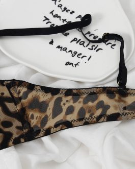 Sexy Underwire Bra Set Leopard Print Mesh Sheer Slim Lingerie Thong Women Large Size Bralette with Pants Suit