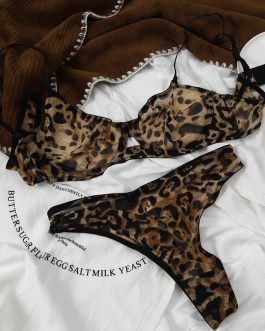 Sexy Underwire Bra Set Leopard Print Mesh Sheer Slim Lingerie Thong Women Large Size Bralette with Pants Suit